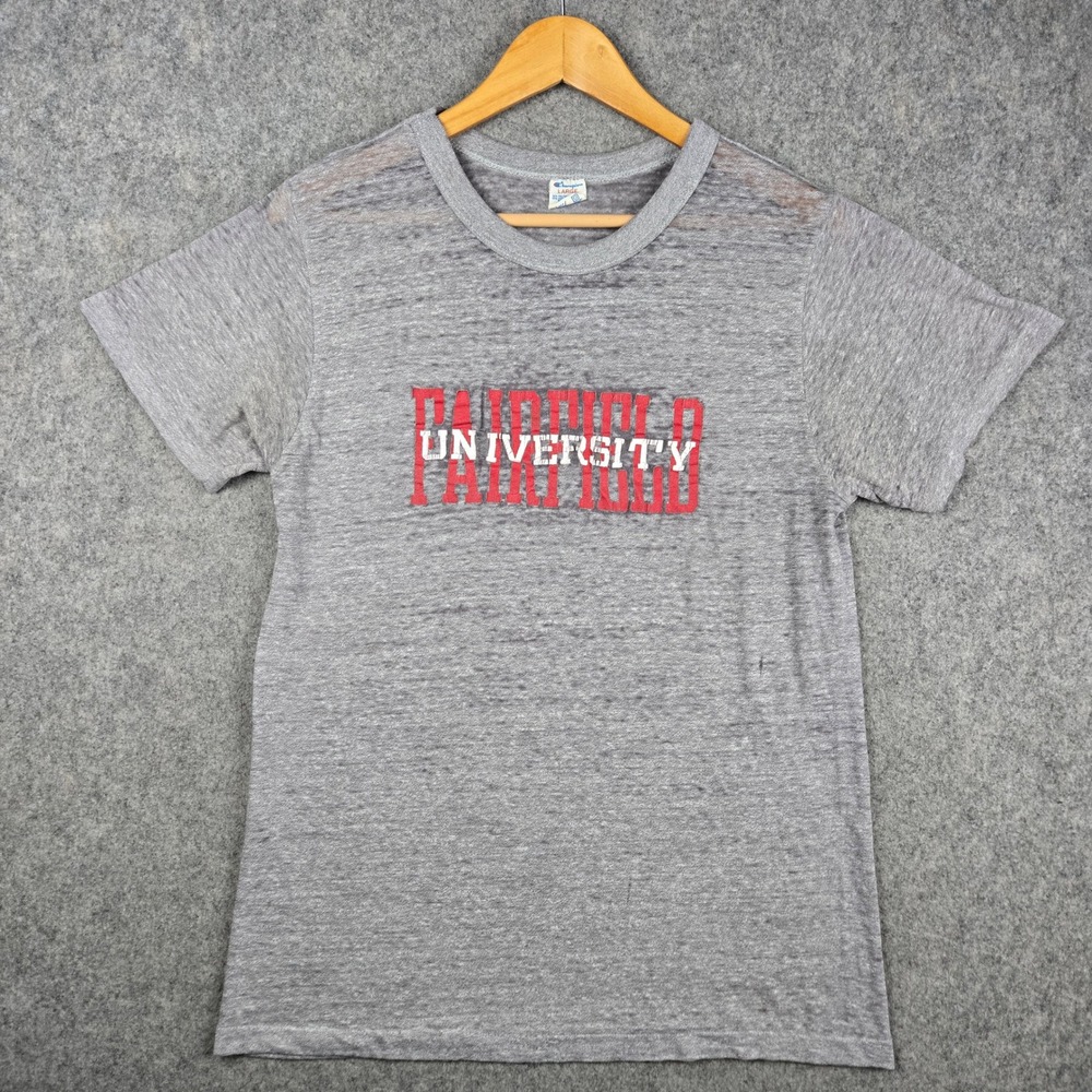 Vintage 70s Champion Fairfield University Shirt Mens L Gray Paper Thin College